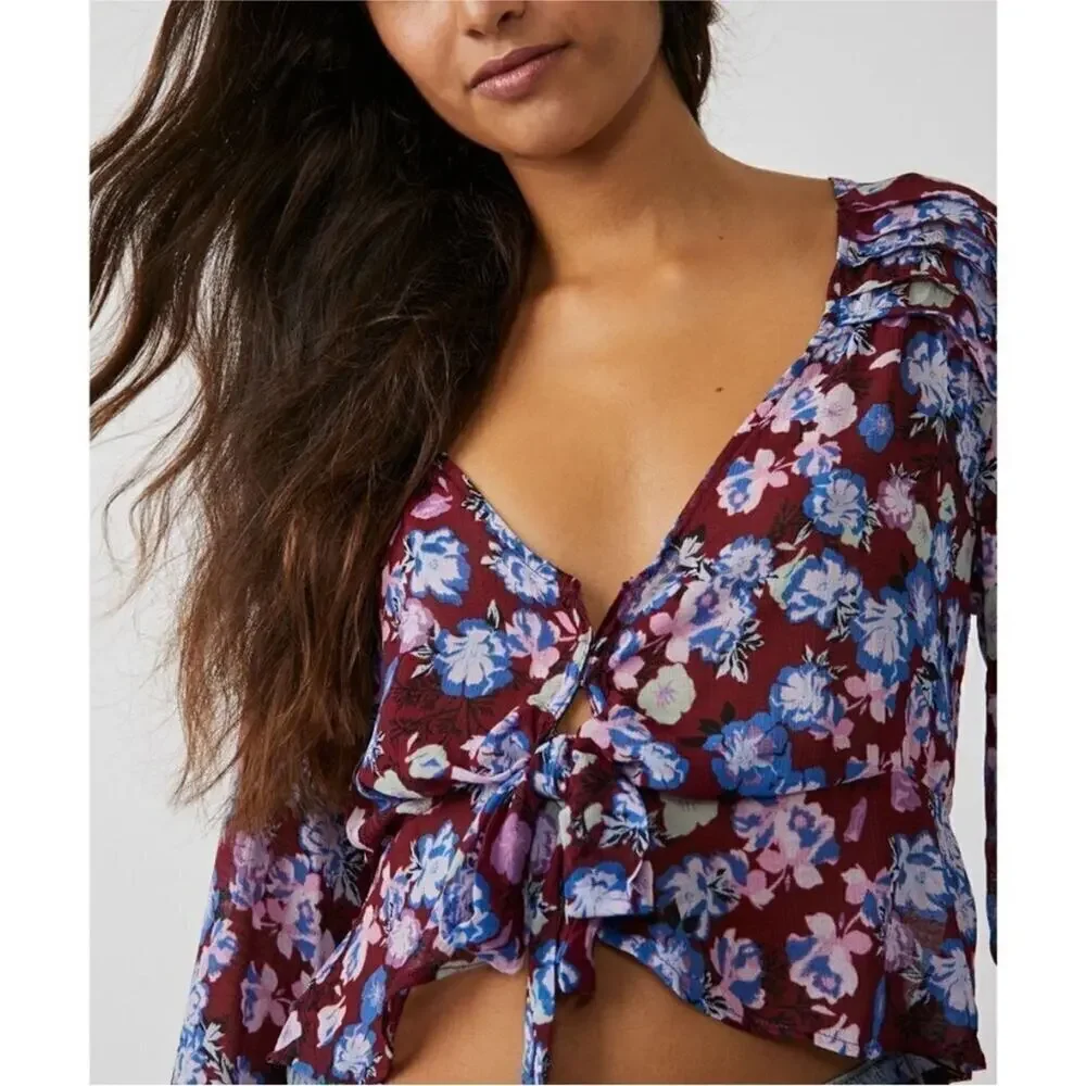 NEW Free People Maybel Blouse in Dark Red and Blue Shiraz Combo Floral - Size XS